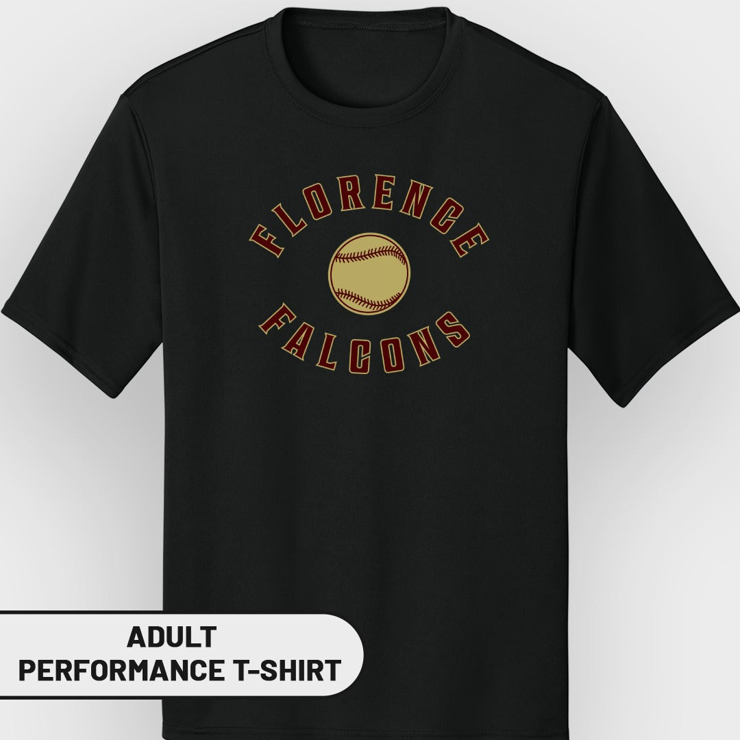 Black adult performance t-shirt with "Florence Falcons" arched over a baseball graphic.