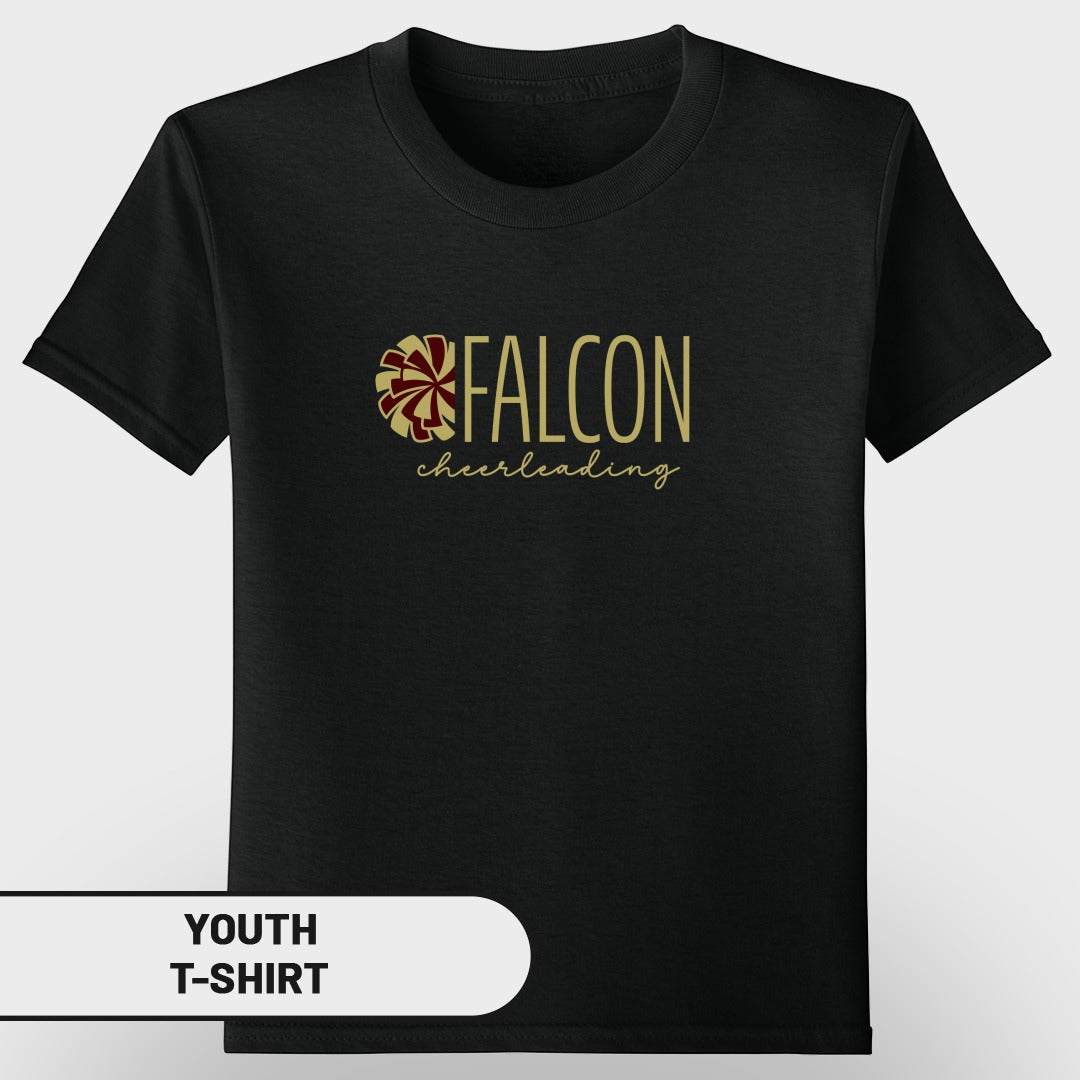 Black youth t-shirt with gold "FALCON cheerleading" text and graphic.