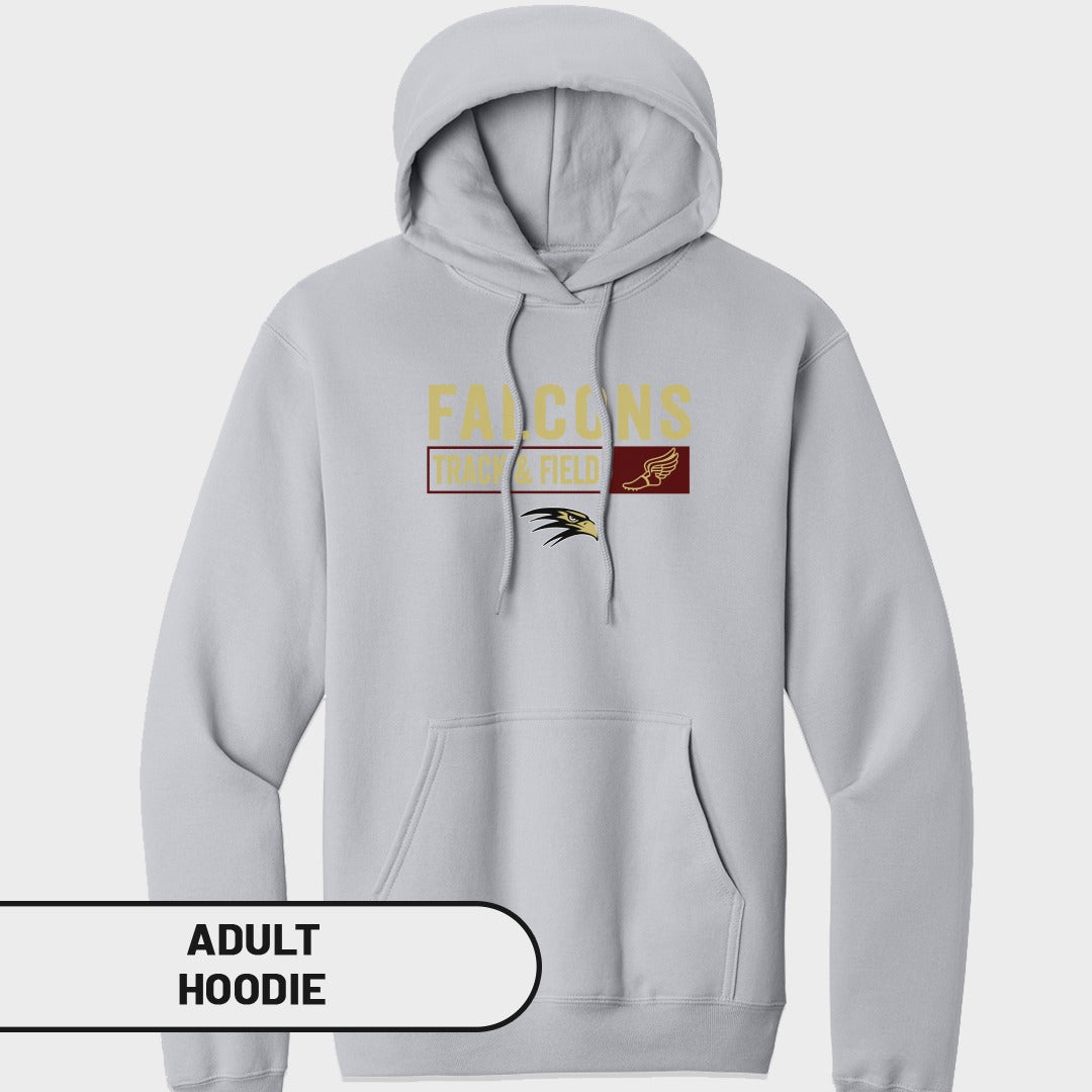 Light grey adult hoodie with Falcons Track & Field graphic and eagle head logo.
