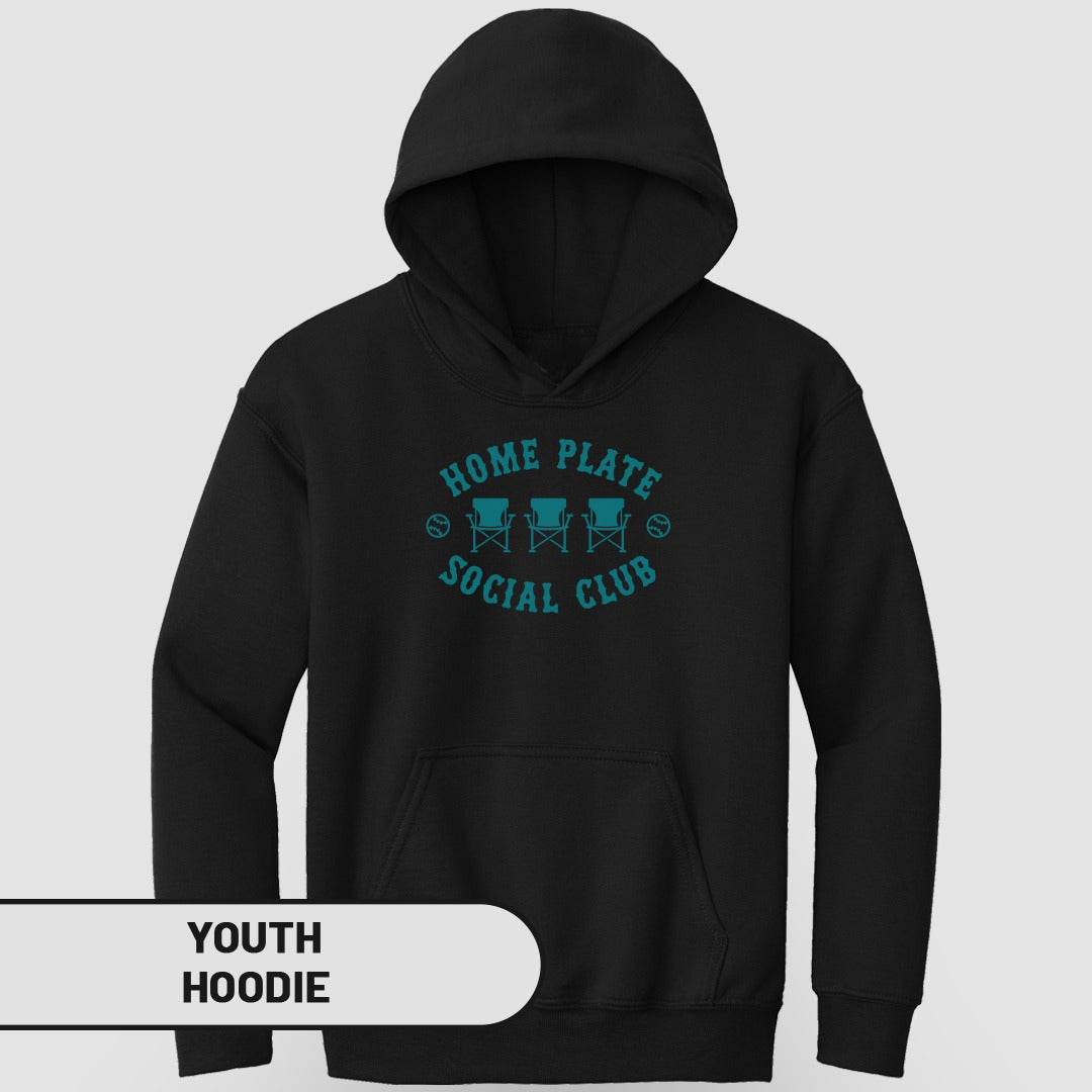 Black youth hoodie with "Home Plate Social Club" text and baseball graphics.