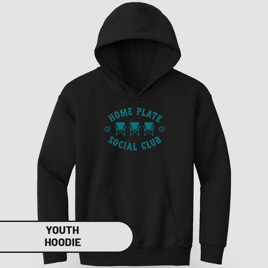 Black youth hoodie with "Home Plate Social Club" text and baseball graphics.