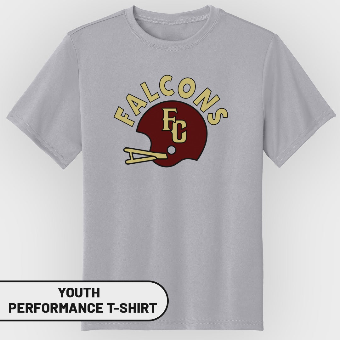Grey youth performance t-shirt with maroon Falcons helmet logo and "FC" inside.