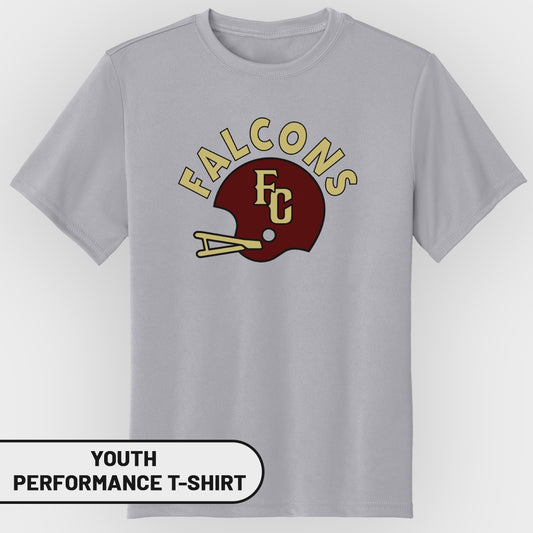 Grey youth performance t-shirt with maroon Falcons helmet logo and "FC" inside.