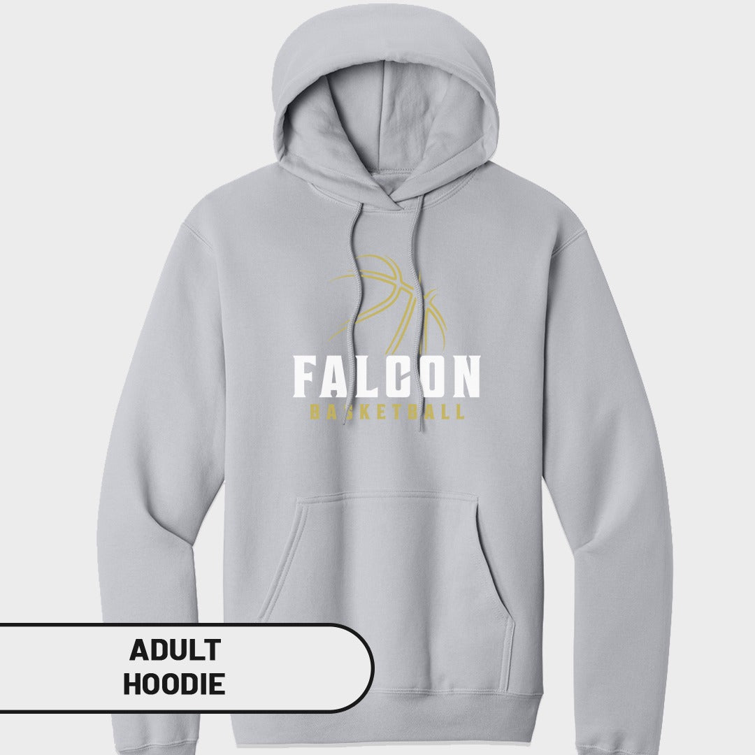Light gray adult hoodie with "FALCON BASKETBALL" graphic and basketball design.