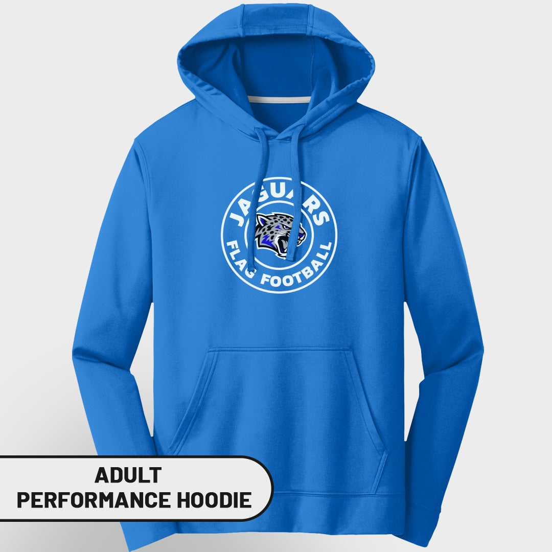 Blue adult performance hoodie with "JAGUARS FLAG FOOTBALL" logo on chest.