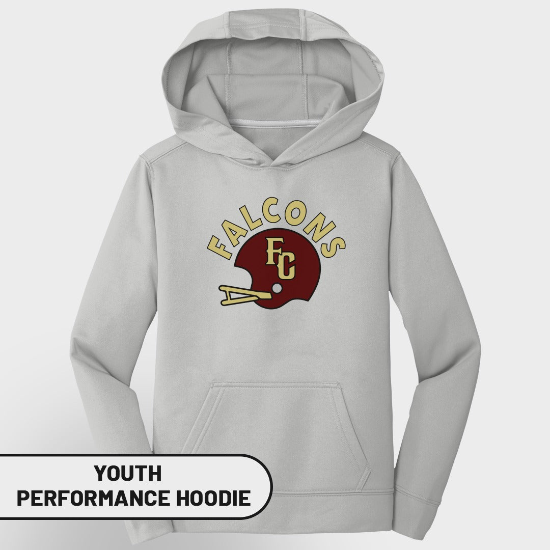 Light grey youth performance hoodie with "FALCONS FC" helmet logo.