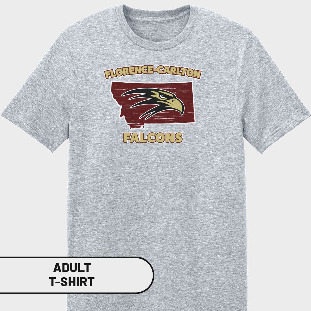 Grey adult t-shirt with Florence-Carlton Falcons logo on Montana outline.