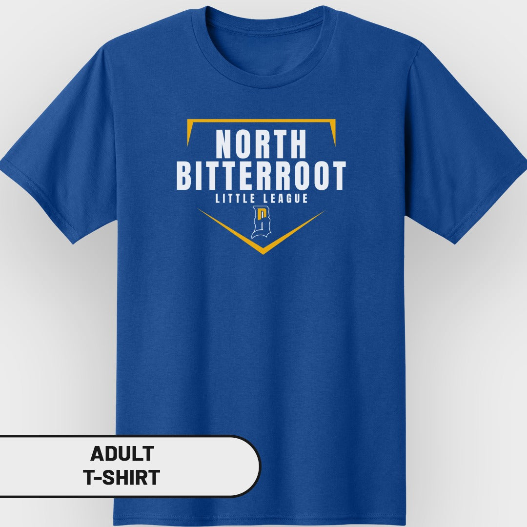 Blue adult t-shirt with "North Bitterroot Little League" logo.