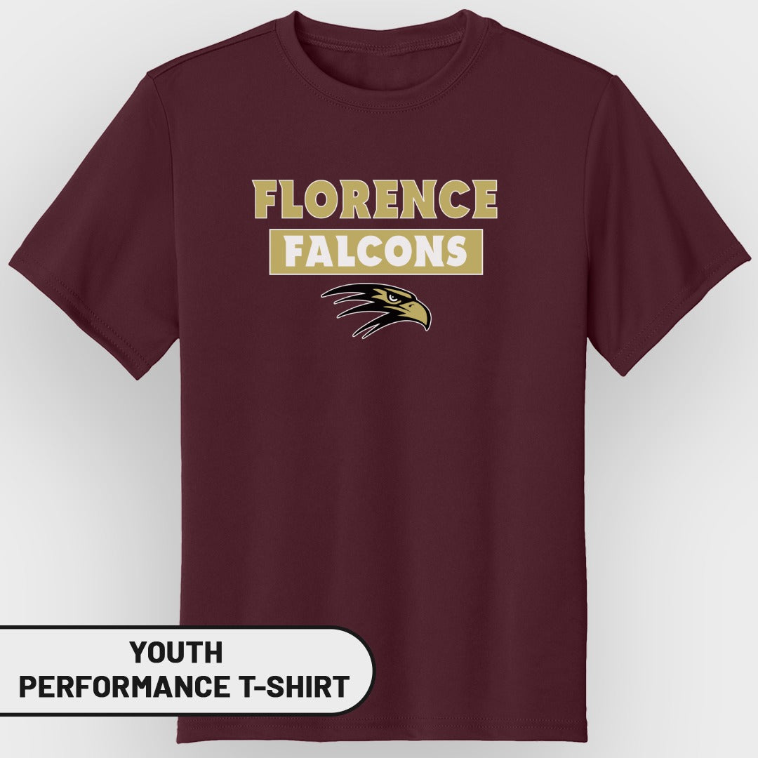 Maroon youth performance t-shirt with "FLORENCE FALCONS" and eagle graphic.
