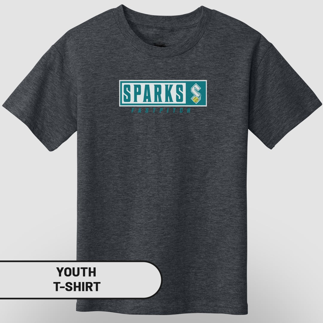 Youth t-shirt with "Sparks Fastpitch" logo in teal and white.
