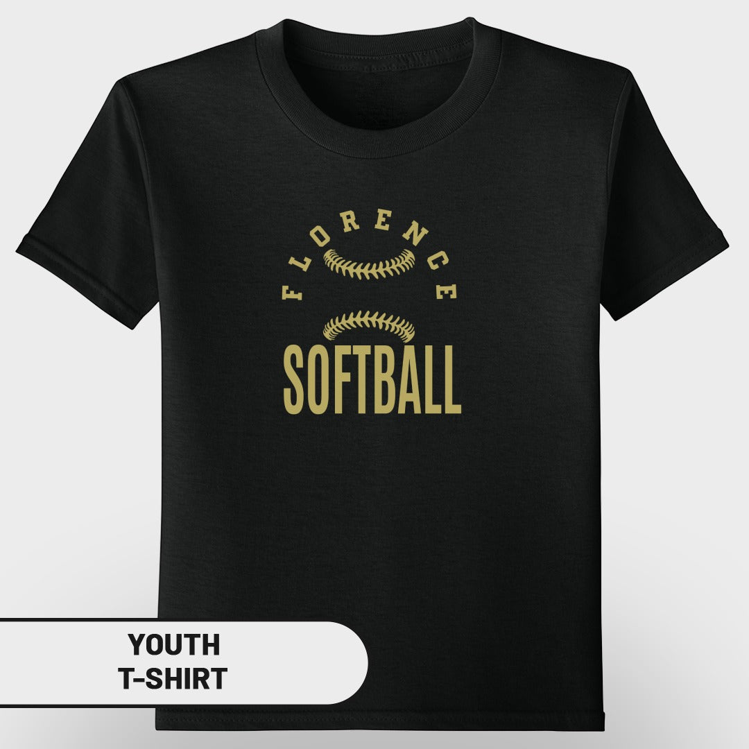 Black youth t-shirt with gold "FLORENCE SOFTBALL" text and softball stitching.