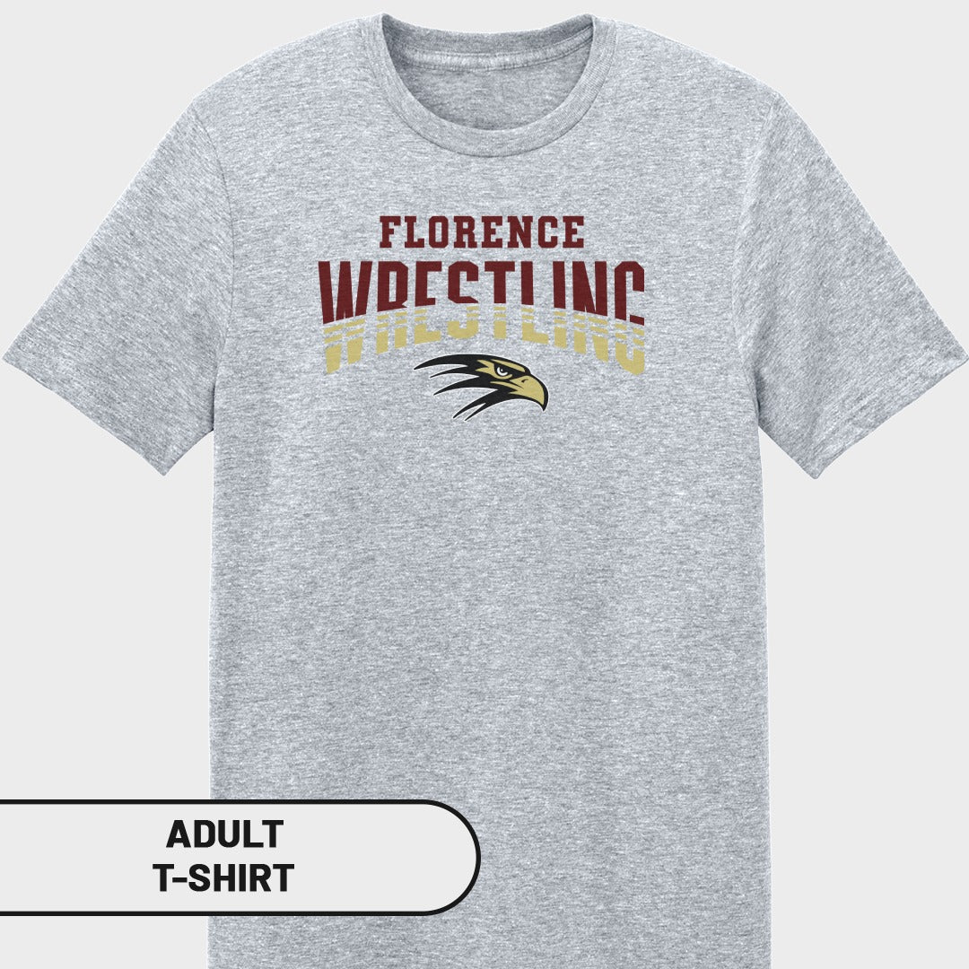 Grey adult t-shirt with "Florence Wrestling" text and eagle logo.