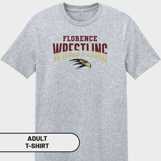 Grey adult t-shirt with "Florence Wrestling" text and eagle logo.