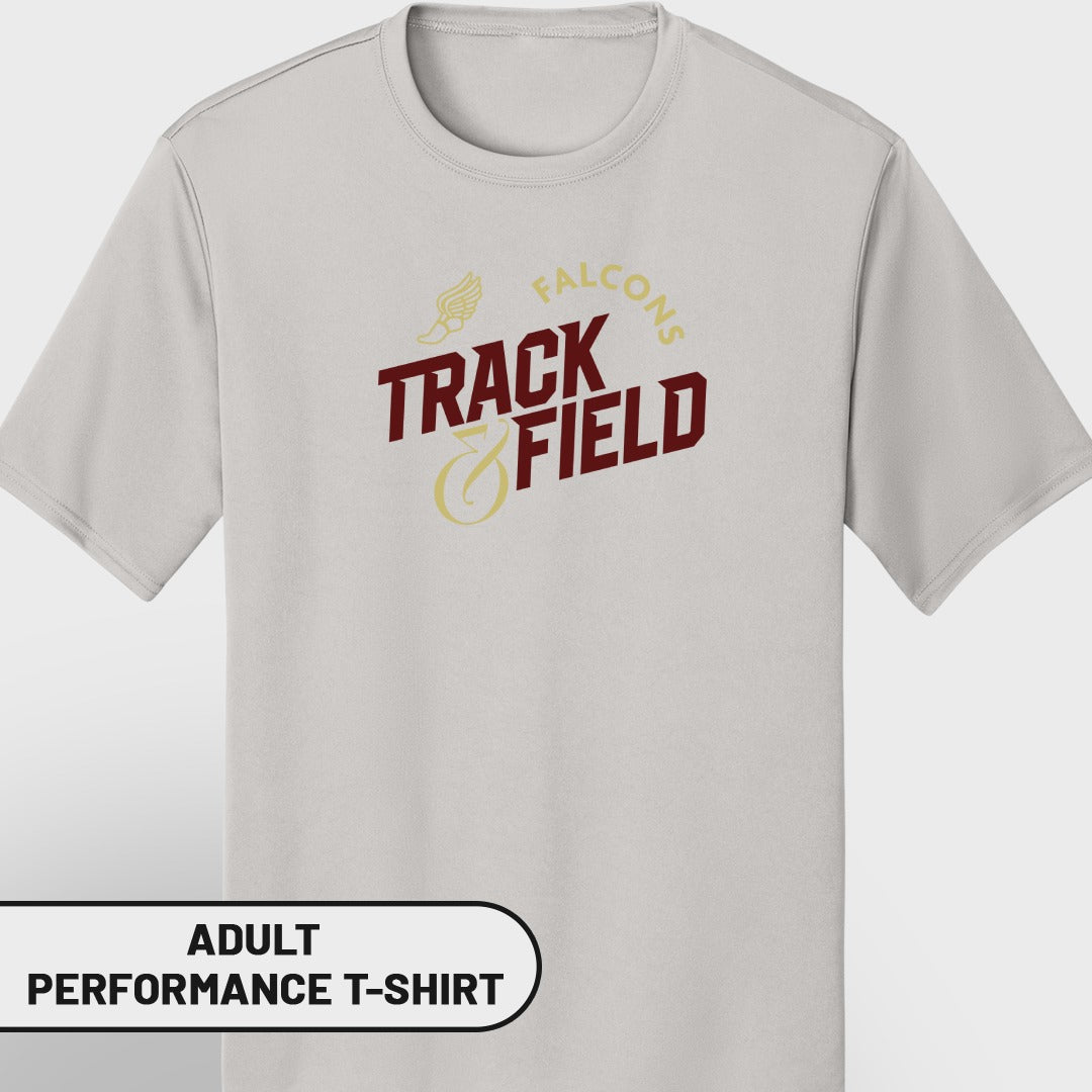 Light grey adult performance t-shirt with "Falcons Track & Field" graphic.