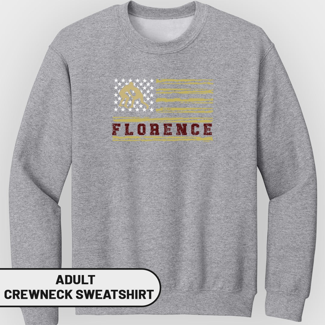 Grey adult crewneck sweatshirt with distressed American flag graphic and "FLORENCE" text.