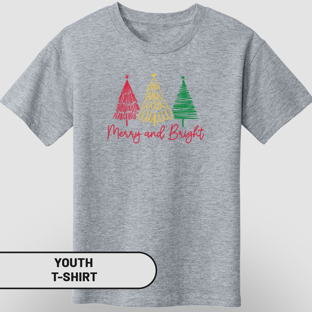 Merry and Bright Youth T-Shirt with Colorful Trees