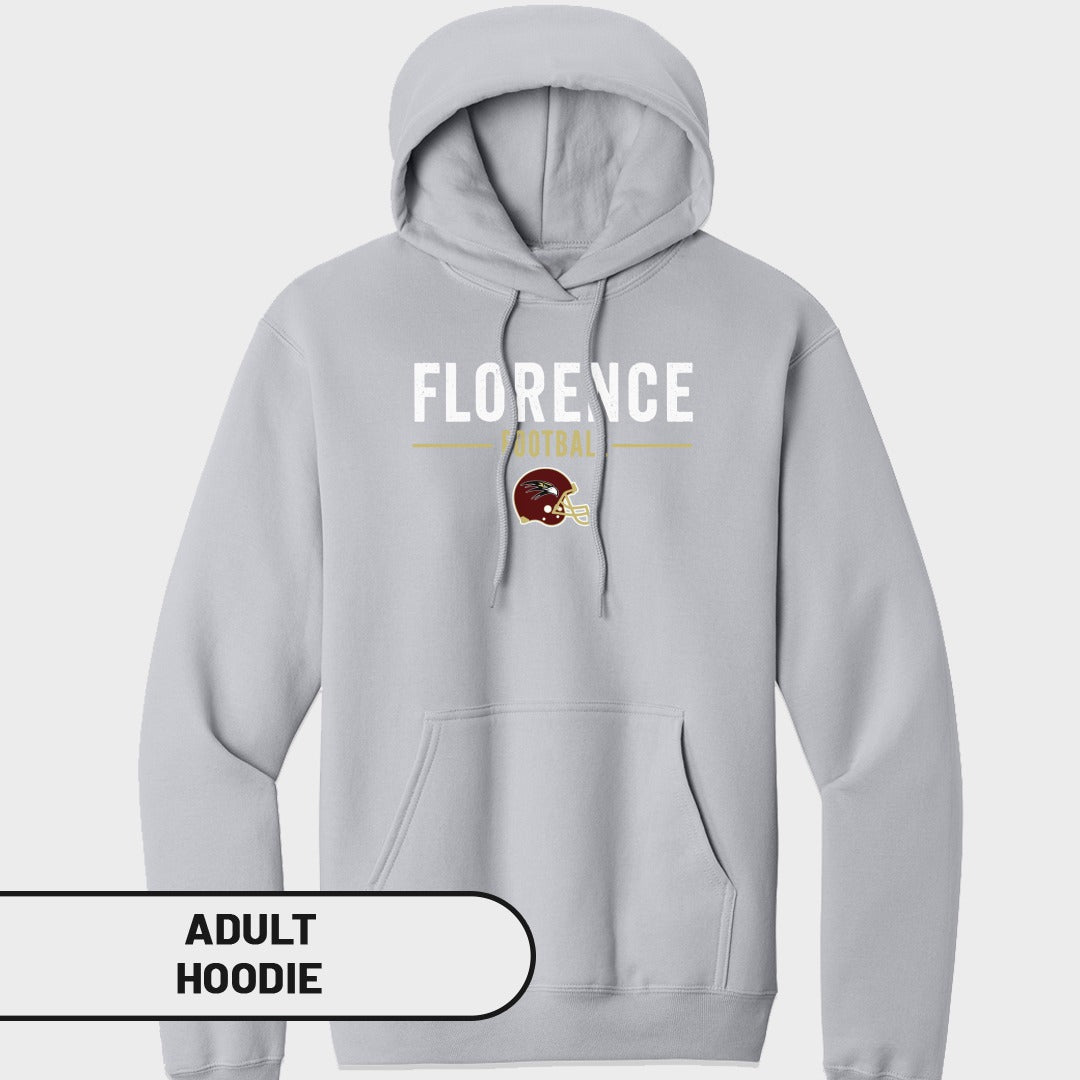 Light gray adult hoodie with "FLORENCE FOOTBALL" and helmet graphic.