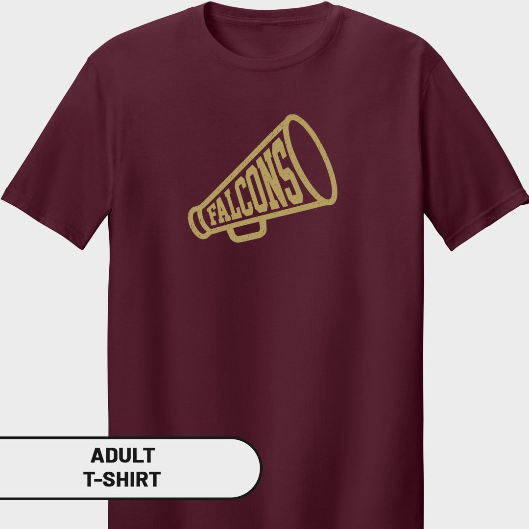 Maroon adult t-shirt with gold megaphone graphic and "FALCONS" text.