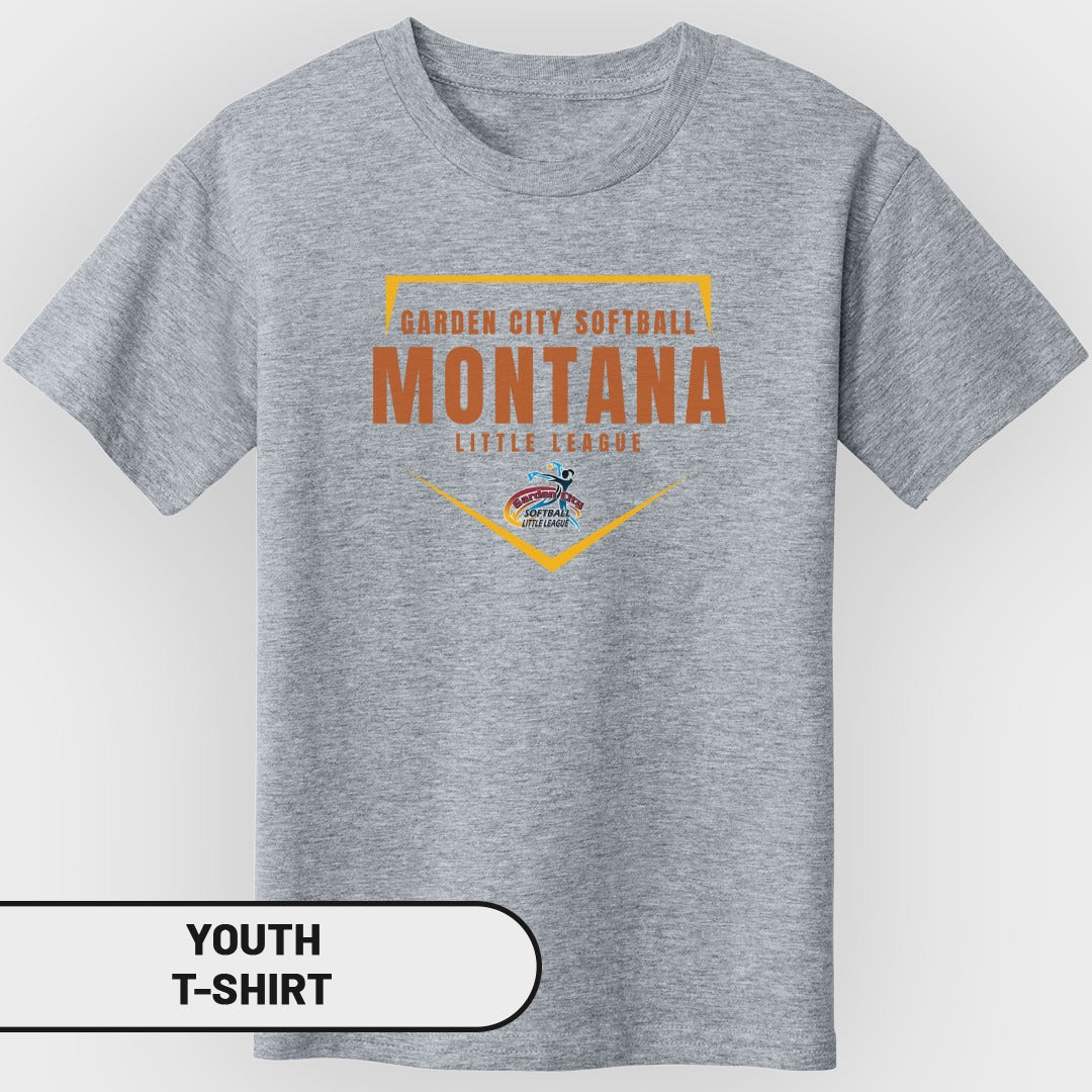 Grey youth t-shirt with "Garden City Softball Montana Little League" text and logo.