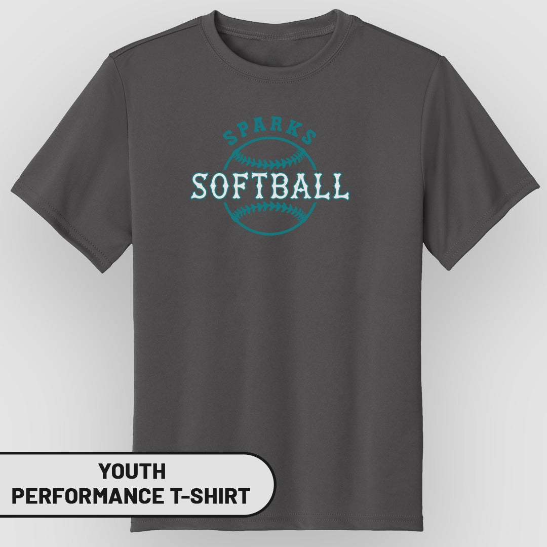 Youth gray performance t-shirt with "Sparks Softball" in turquoise.