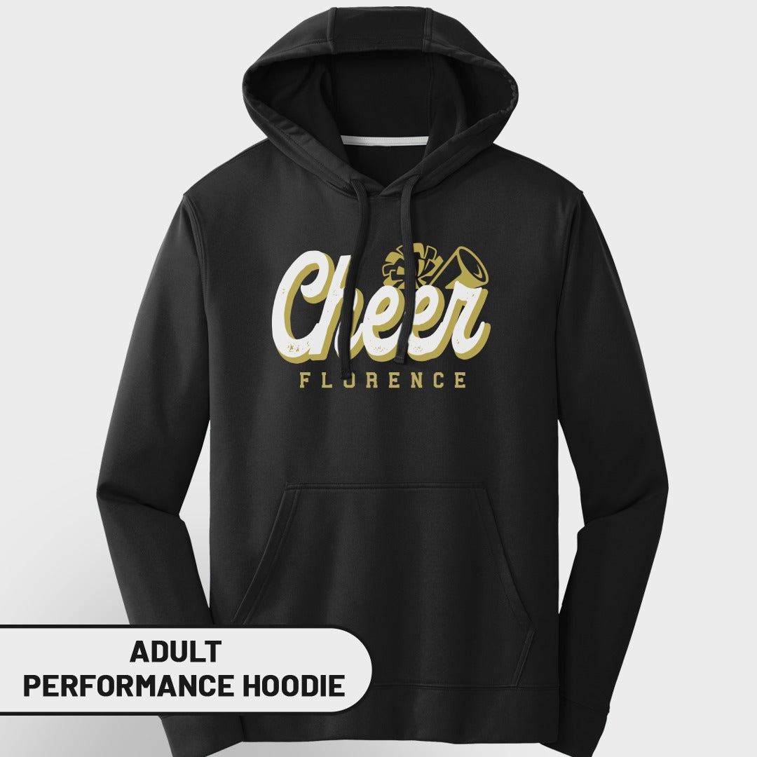 Black adult performance hoodie with "Cheer" and "Florence" text graphic.