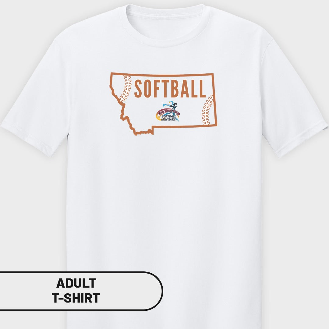 White adult t-shirt with Montana outline, "SOFTBALL," and Little League logo.