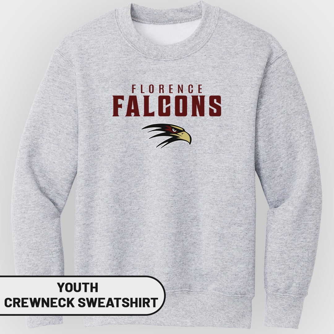 Light grey youth crewneck sweatshirt with "Florence Falcons" text and a falcon graphic.