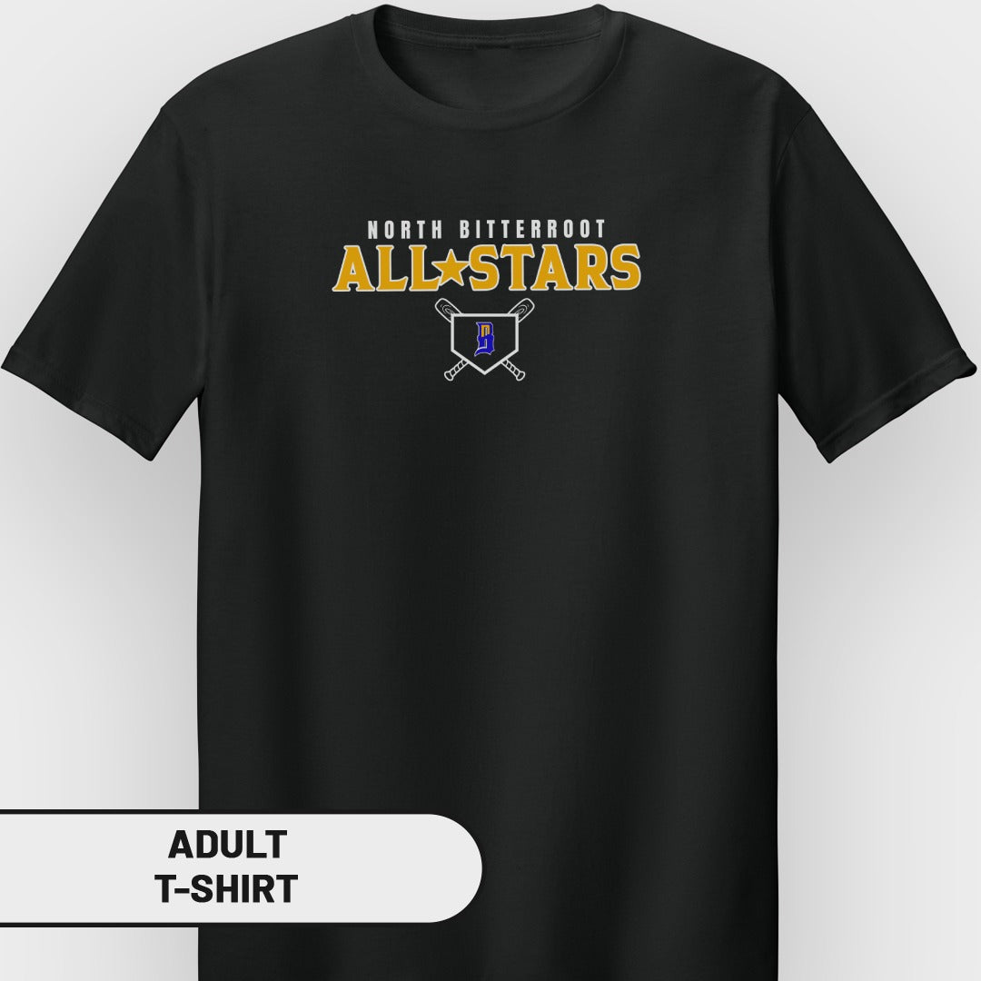 Black adult t-shirt with North Bitterroot All-Stars logo.
