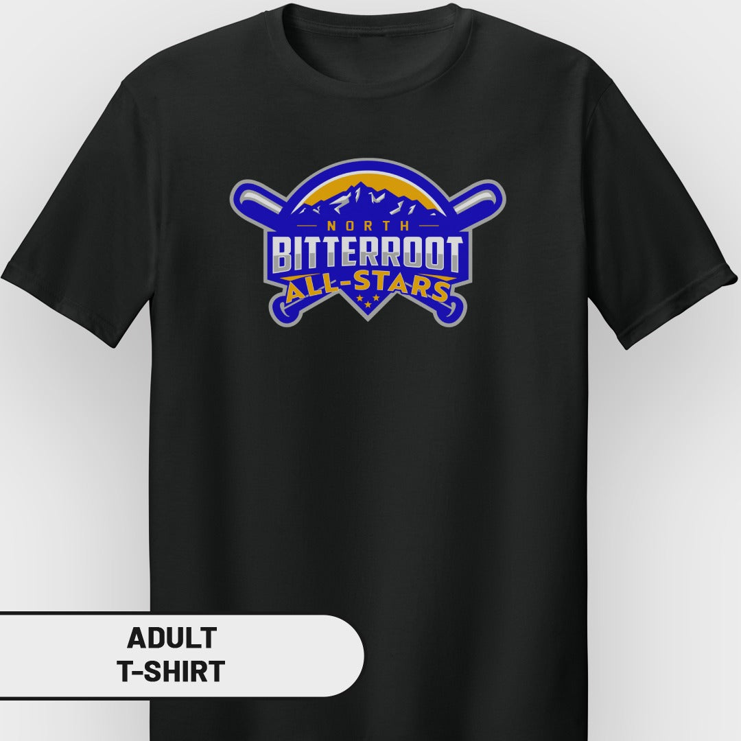 Black t-shirt with North Bitterroot All-Stars logo featuring baseball bats and mountains.