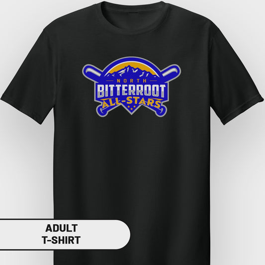 Black t-shirt with North Bitterroot All-Stars logo featuring baseball bats and mountains.