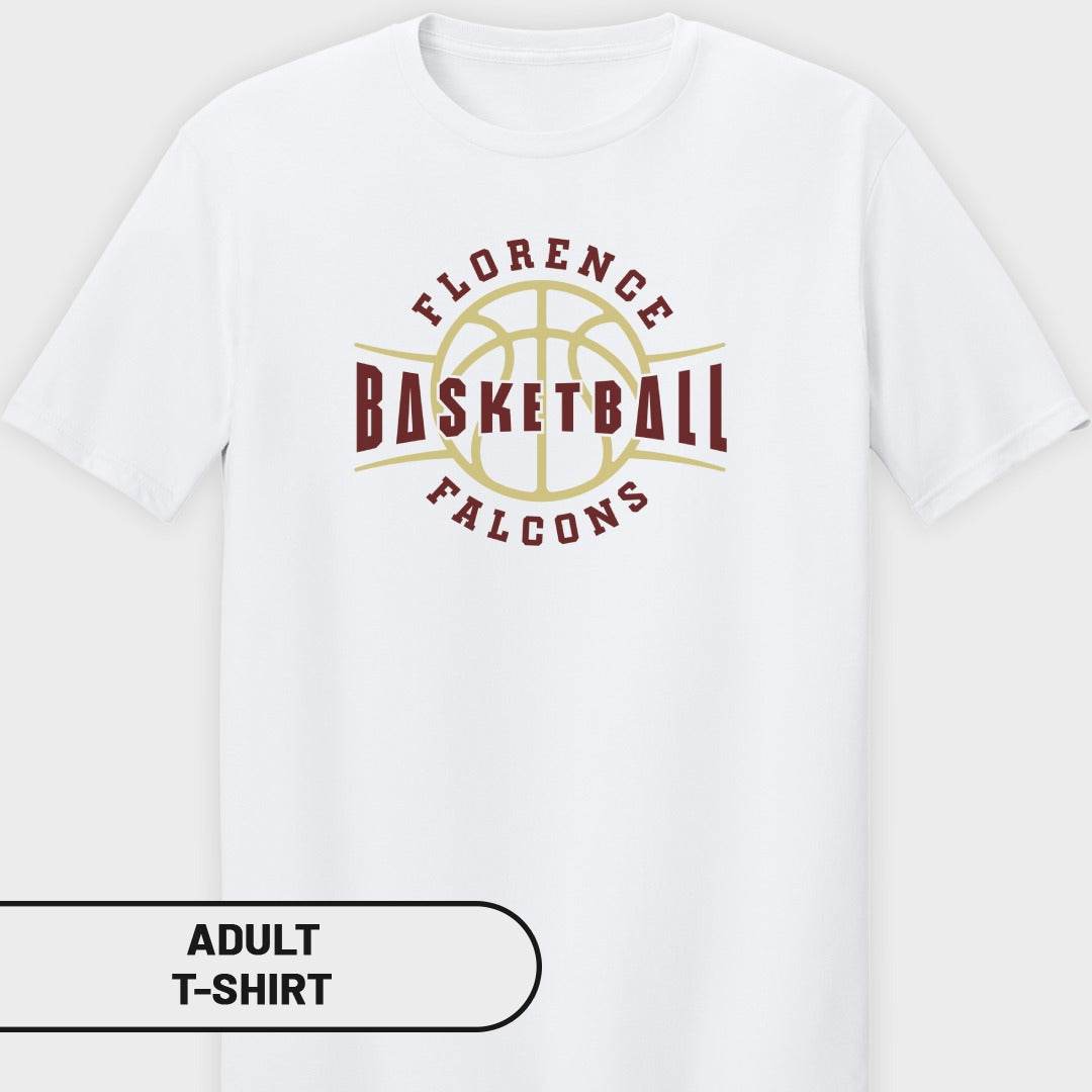 White adult t-shirt with Florence Basketball Falcons logo on front.