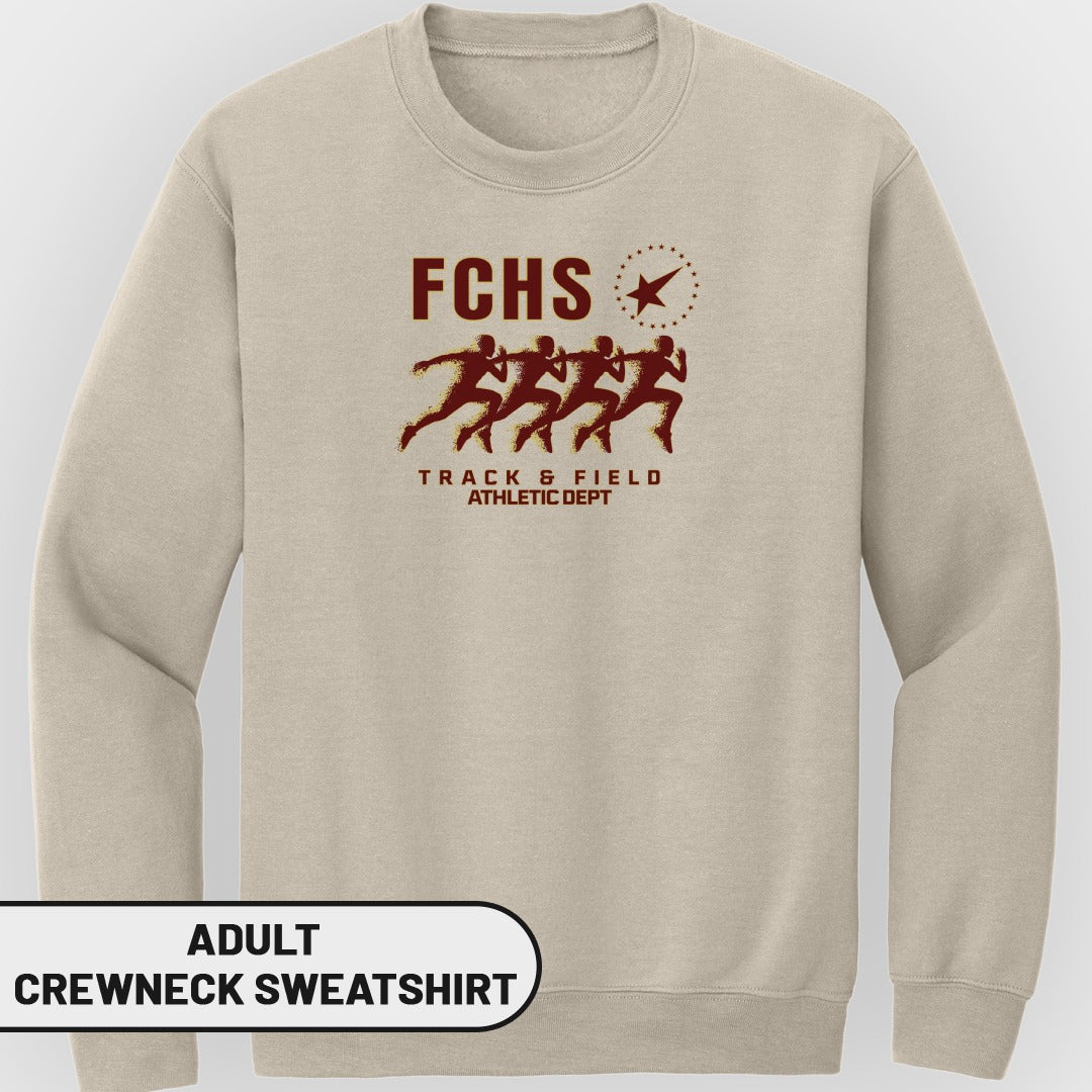 Adult crewneck sweatshirt with FCHS Track & Field Athletic Dept graphic.