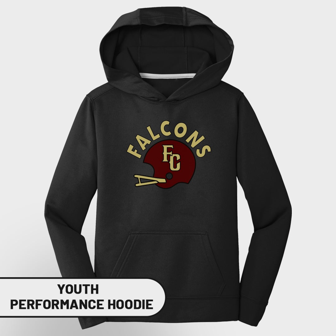Black youth performance hoodie with "FALCONS FC" text and helmet graphic.