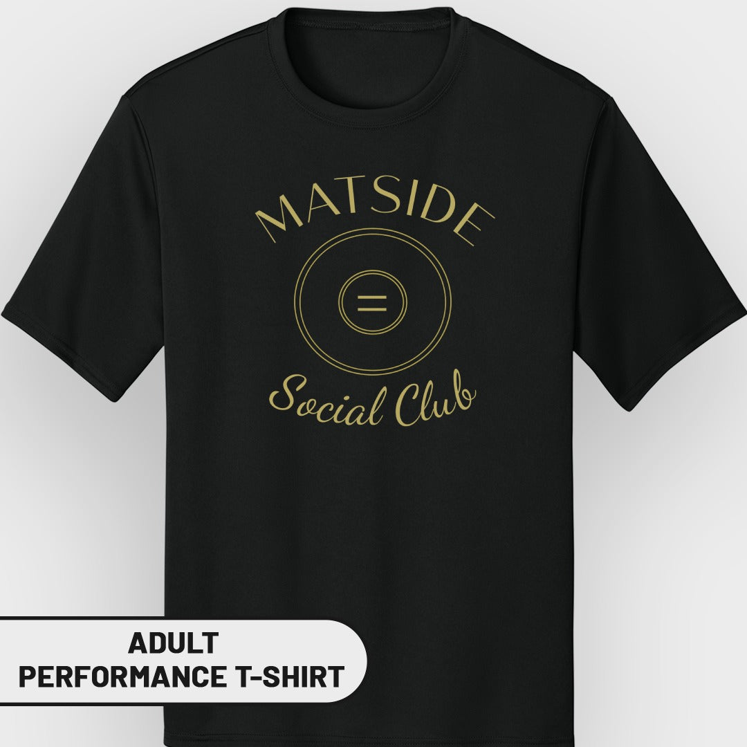 Black adult performance t-shirt with "MATSIDE Social Club" text and wrestling graphic.