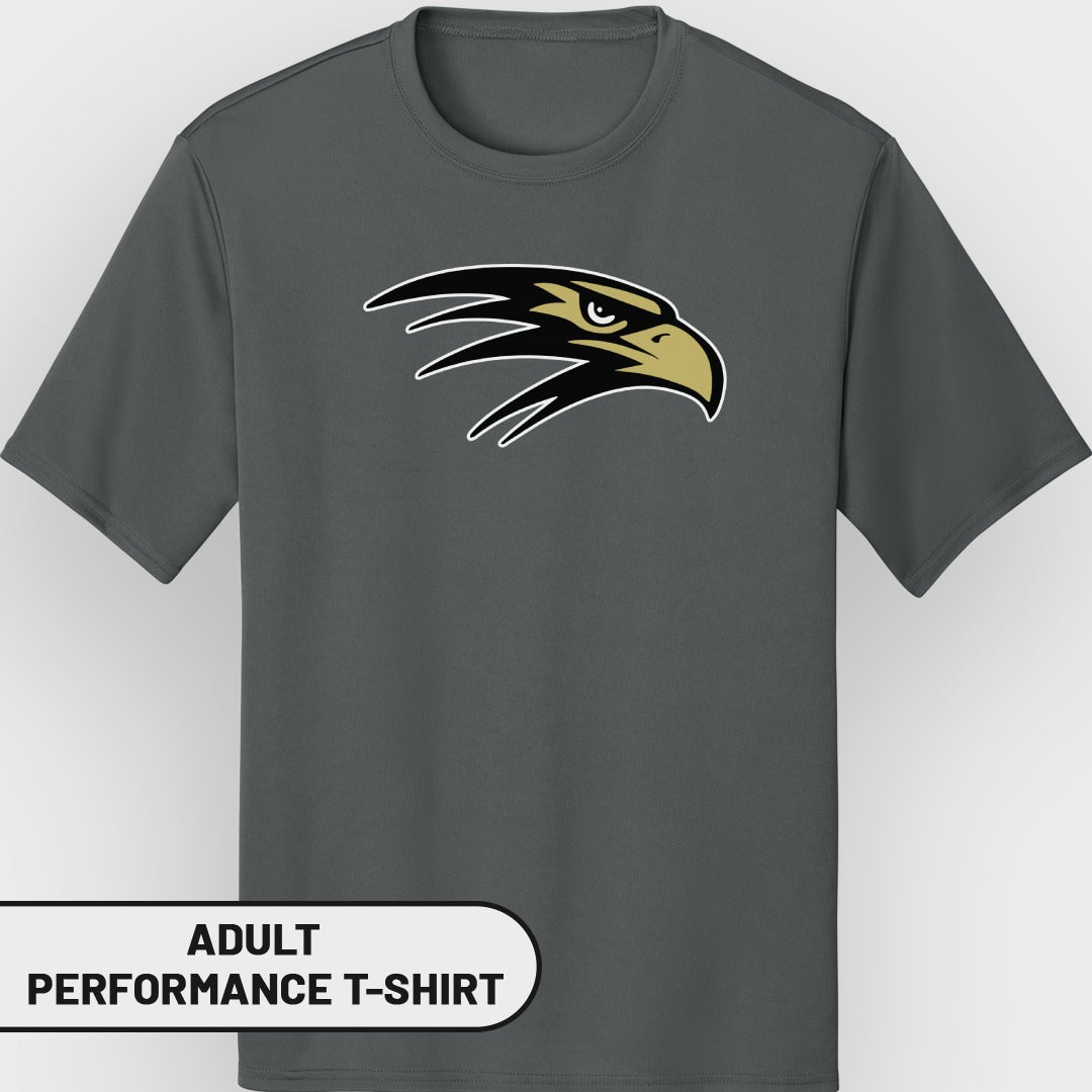 Gray adult performance t-shirt with black and gold eagle head logo.