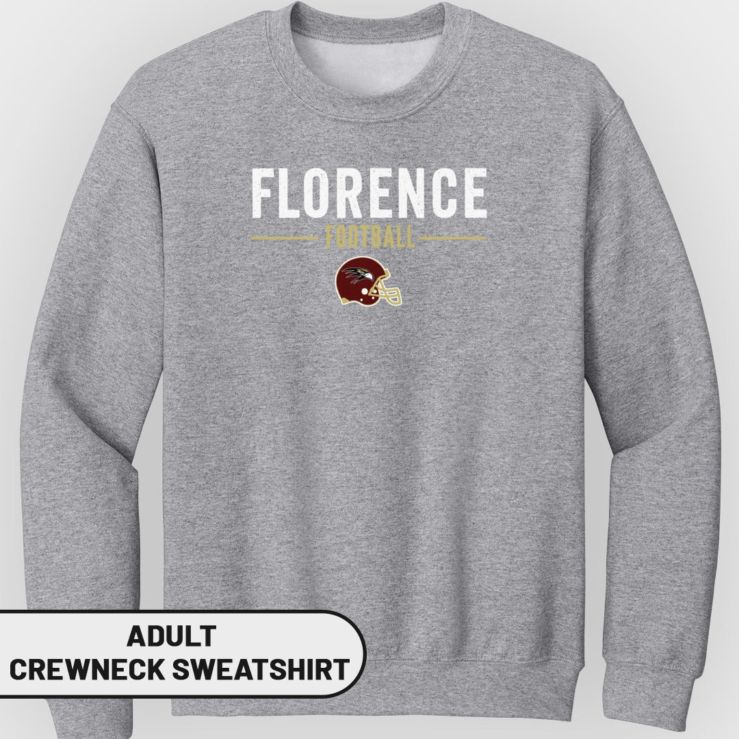 Grey adult crewneck sweatshirt with "FLORENCE FOOTBALL" and a football helmet graphic.