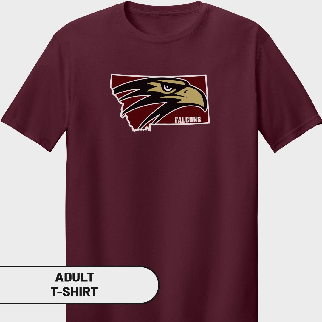 Maroon adult t-shirt with Montana state outline and falcon logo, text reads FALCONS.