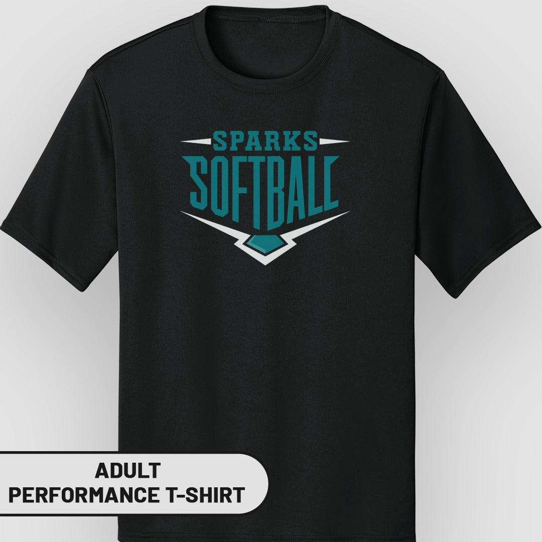 Black adult performance t-shirt with "SPARKS SOFTBALL" text logo.