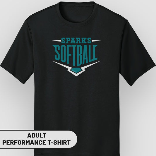 Black adult performance t-shirt with "SPARKS SOFTBALL" text logo.