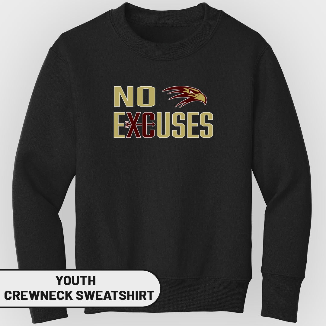 Black youth crewneck sweatshirt with "NO EXCUSES" text and eagle graphic.