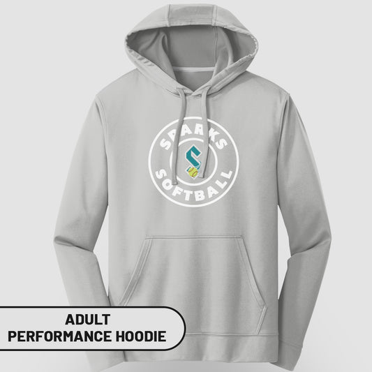 Gray adult performance hoodie with "Sparks Softball" logo.