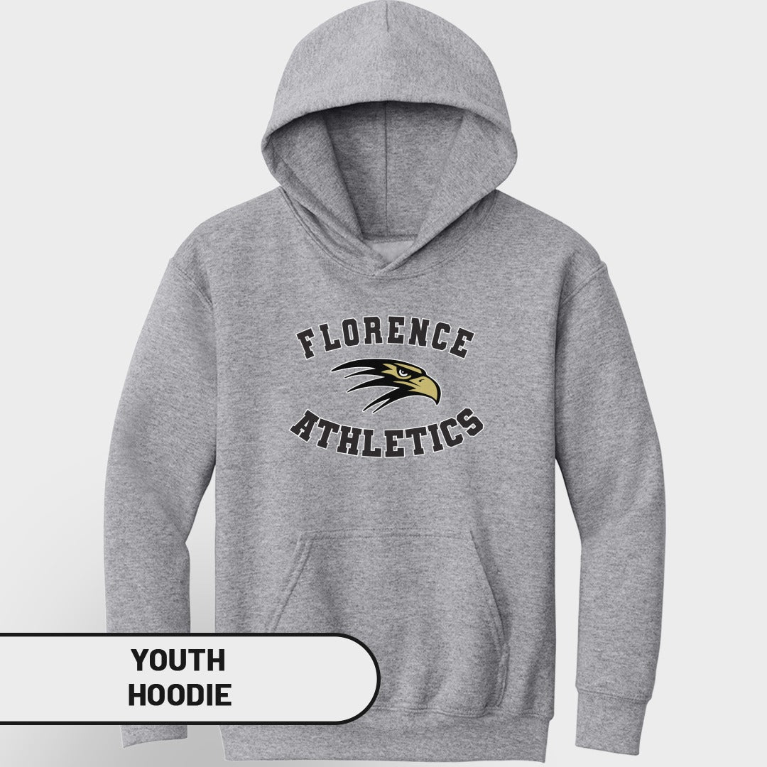 Youth grey hoodie with "Florence Athletics" and eagle logo.