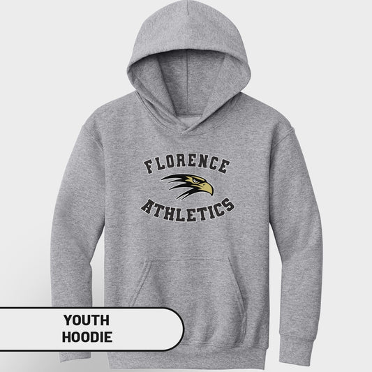 Youth grey hoodie with "Florence Athletics" and eagle logo.
