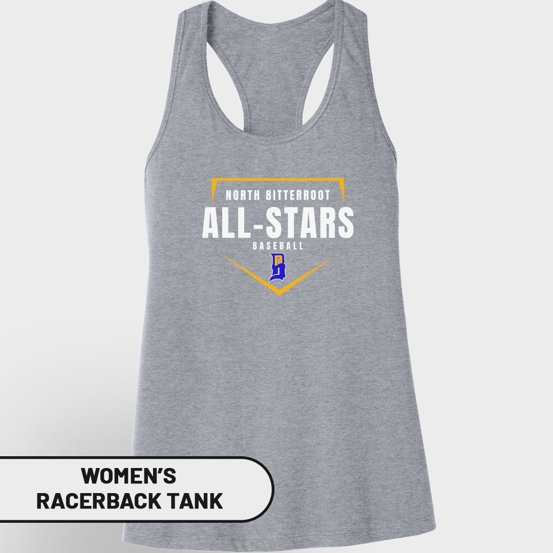 Gray women's racerback tank top with "North Bitterroot Baseball All-Stars" logo.