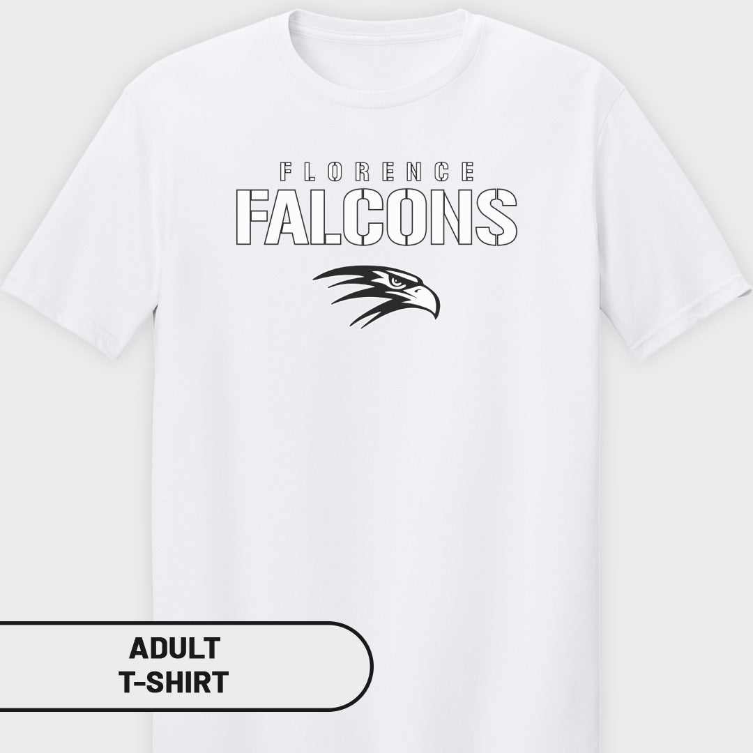 White adult t-shirt with "FLORENCE FALCONS" and a hawk logo.