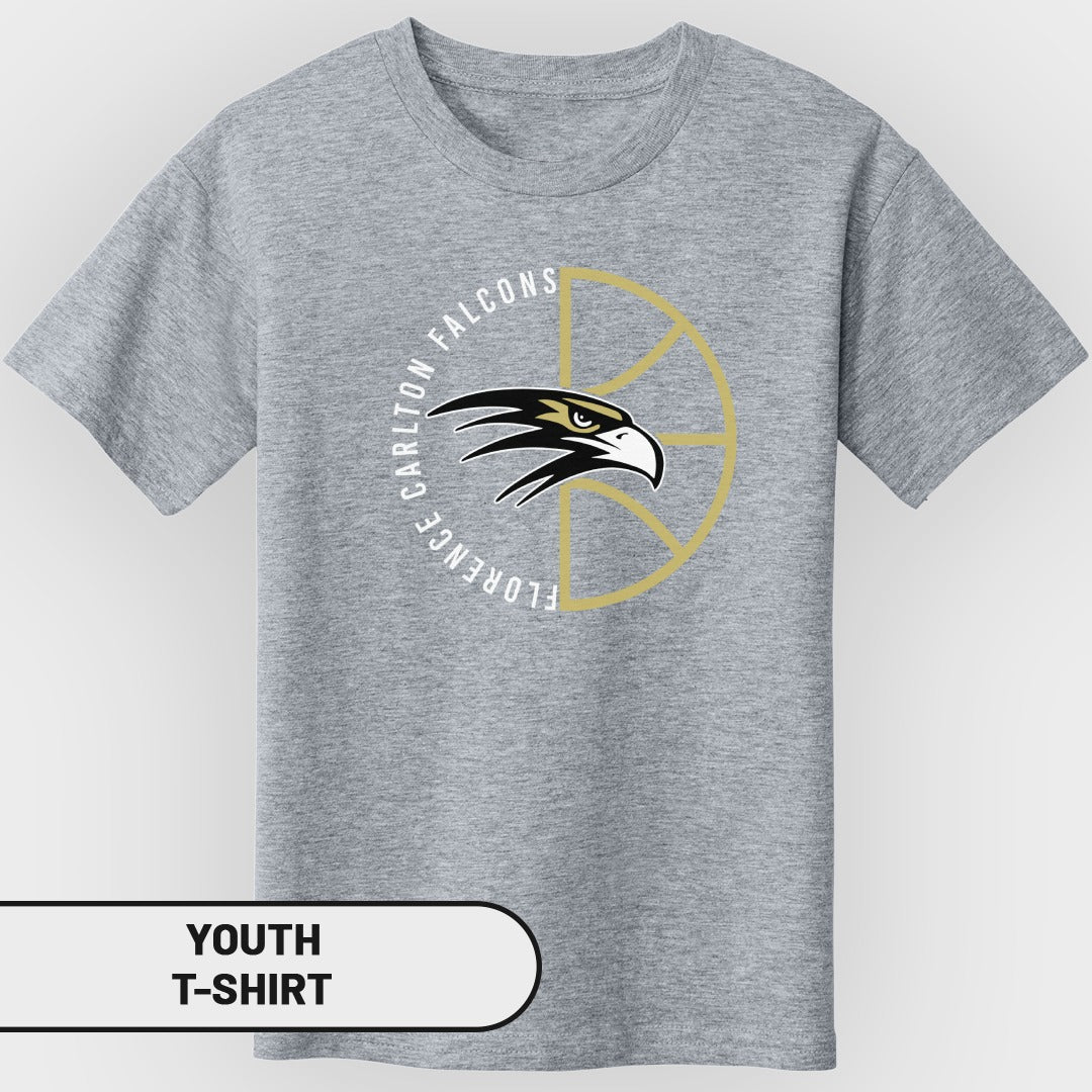 Gray youth t-shirt with "Florence Carlton Falcons" text and a falcon logo.