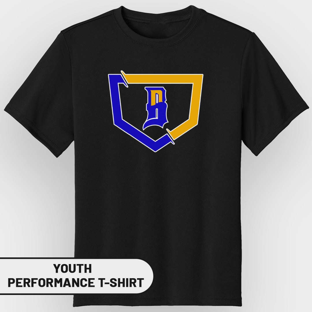 Black youth performance t-shirt with a blue and gold baseball-style logo.
