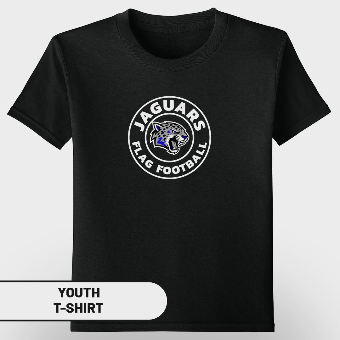 Black youth t-shirt with Jaguars flag football logo on chest.