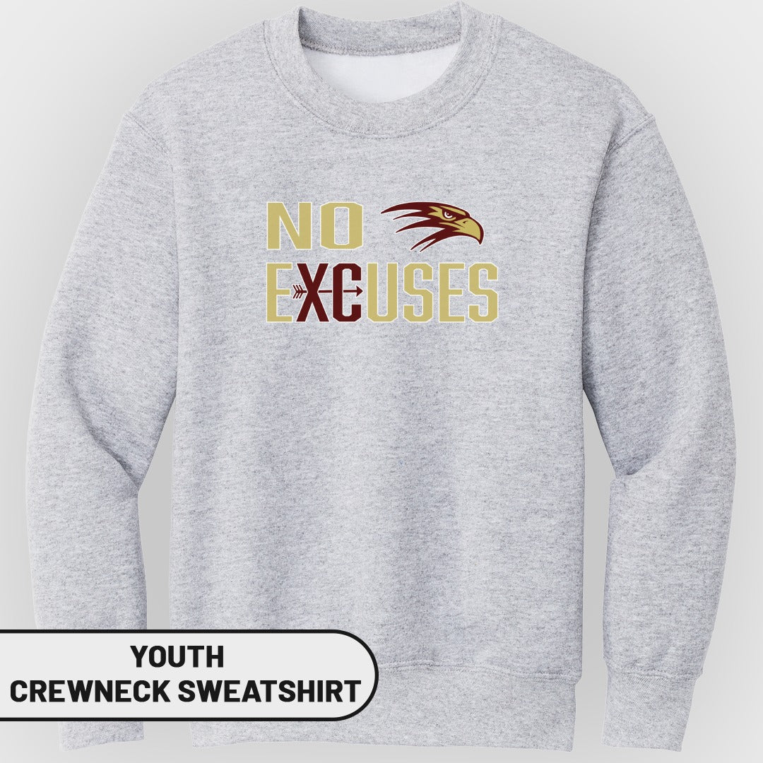 Youth crewneck sweatshirt with "NO EXCUSES" text and an eagle graphic.