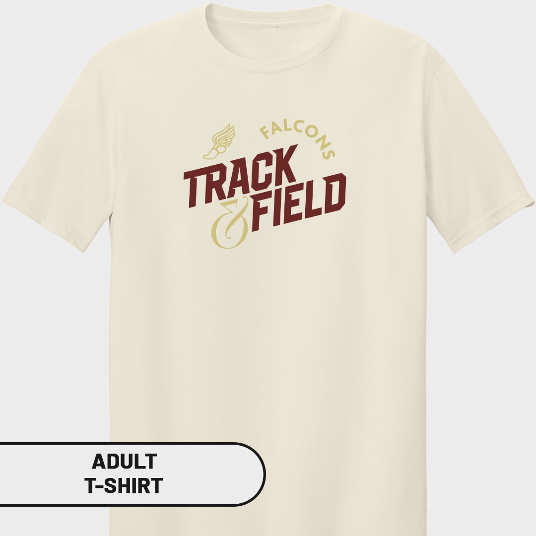 Adult t-shirt with "Falcons Track & Field" text and winged shoe graphic.